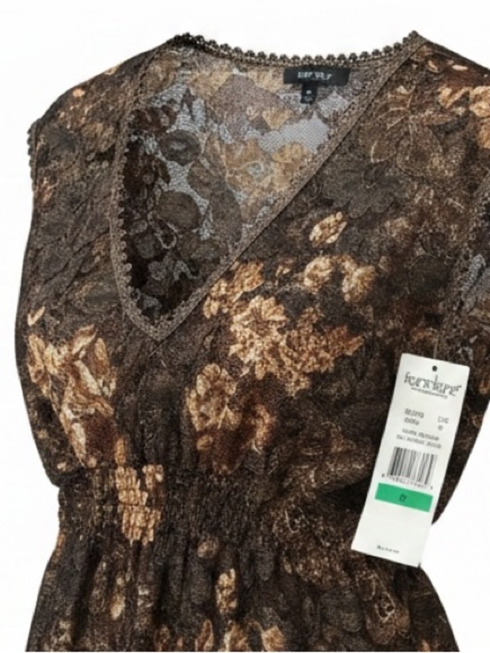 Karen Kane Brown Floral Lace-Trim V-Neck Spice Market Shirred Top SZ L Rare NWT - Picture 3 of 14